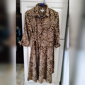 Calvin Klein Animal Print 3/4th Sleeve  Button Up Dress